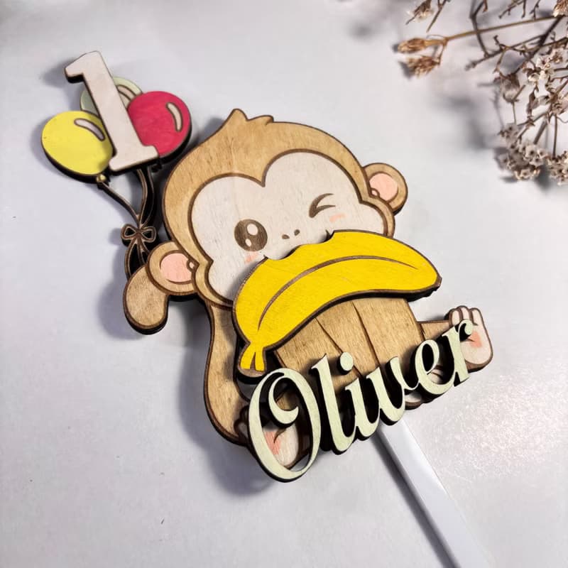 Monkey Wood Custom Cake Topper - Hand Painted Birthday Keepsake - Custom Name