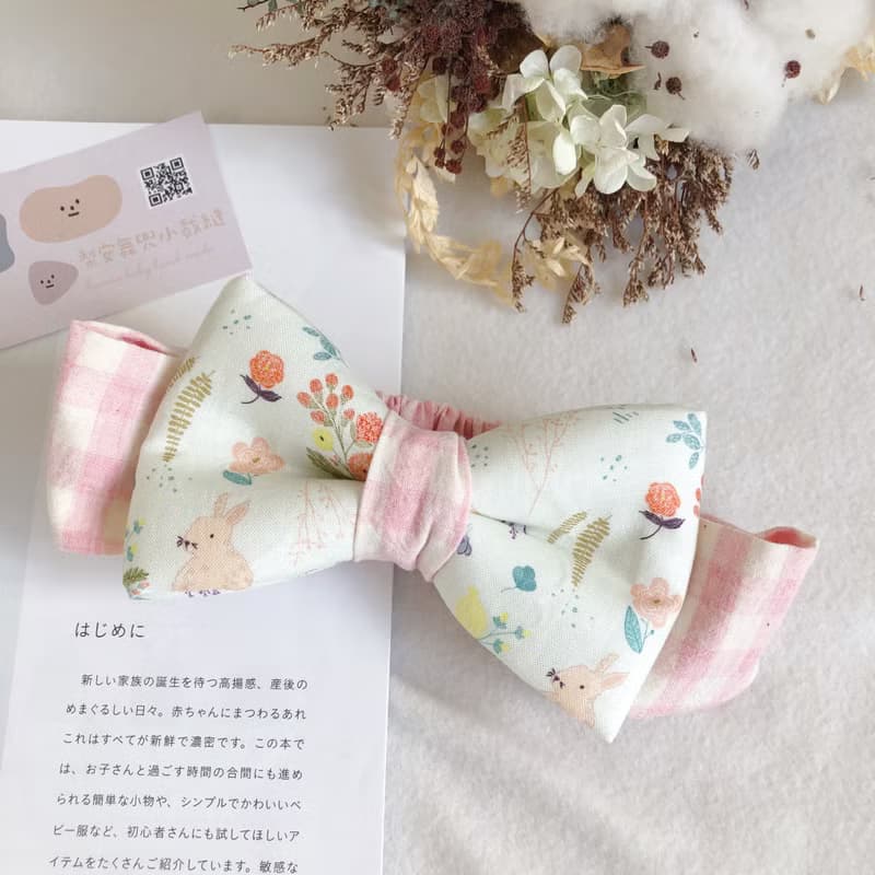 格紋粉兔森林 l 手工立體蝴蝶結寶寶髮帶 親子髮帶
