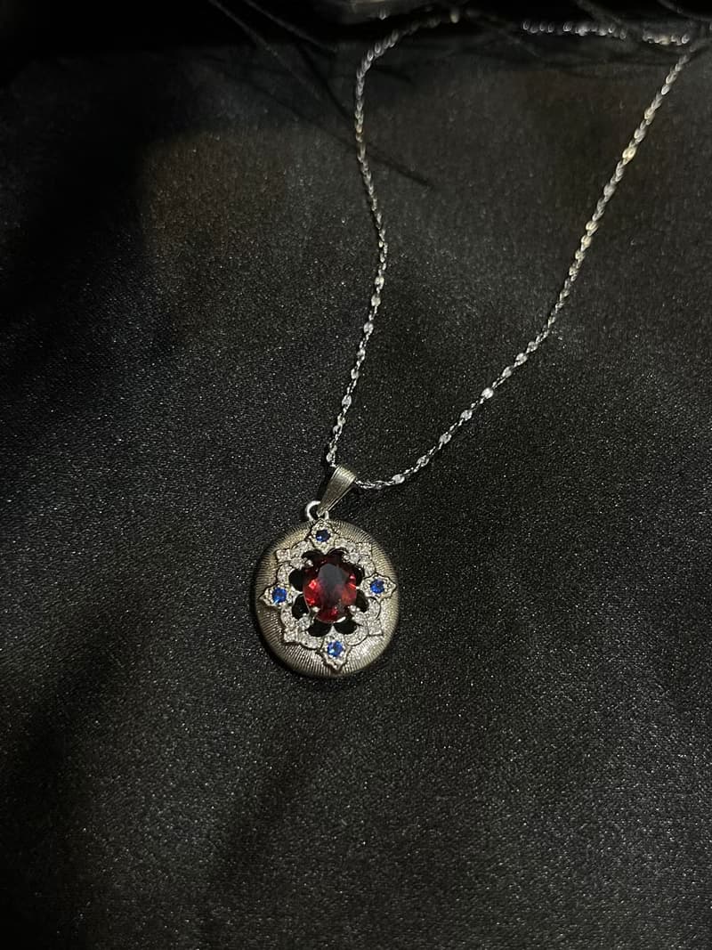 歐式琺瑯 小花 石榴石 項鍊 醫療鋼 鈦鋼 項鍊 天然 寶石 項鍊