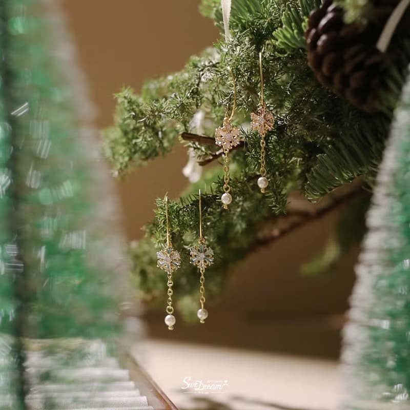 C勾雪花珍珠耳環-藍色 聖誕節禮物 生日禮物 珍珠耳環 耳夾