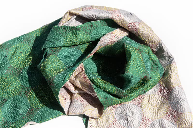 手工縫紗麗布絲巾/絲綢刺繡圍巾/印度絲綢刺繡絲巾-綠色圓形花朵