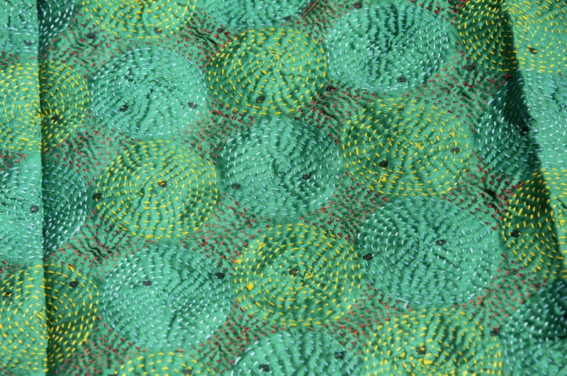 手工縫紗麗布絲巾/絲綢刺繡圍巾/印度絲綢刺繡絲巾-綠色圓形花朵