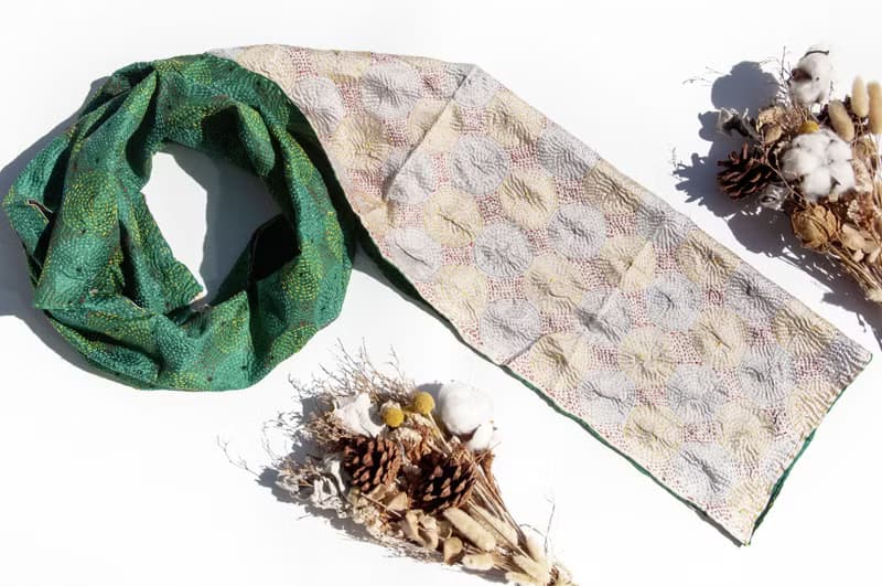 手工縫紗麗布絲巾/絲綢刺繡圍巾/印度絲綢刺繡絲巾-綠色圓形花朵