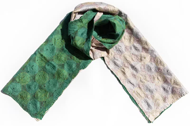 手工縫紗麗布絲巾/絲綢刺繡圍巾/印度絲綢刺繡絲巾-綠色圓形花朵