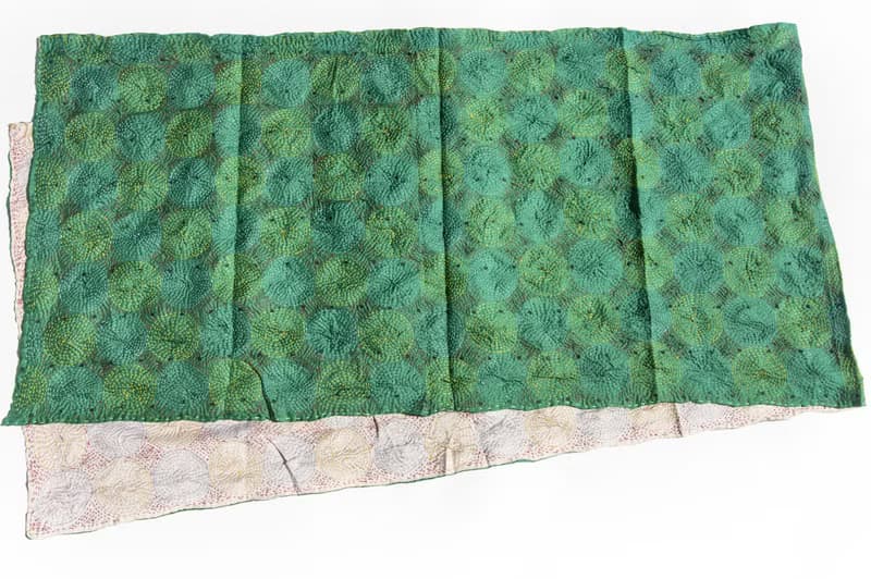 手工縫紗麗布絲巾/絲綢刺繡圍巾/印度絲綢刺繡絲巾-綠色圓形花朵