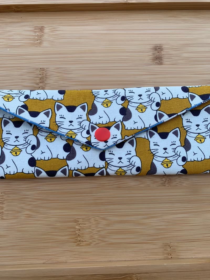 文青風環保筷袋 ~超Q招財貓 鮮明黃收納 手作餐具袋
