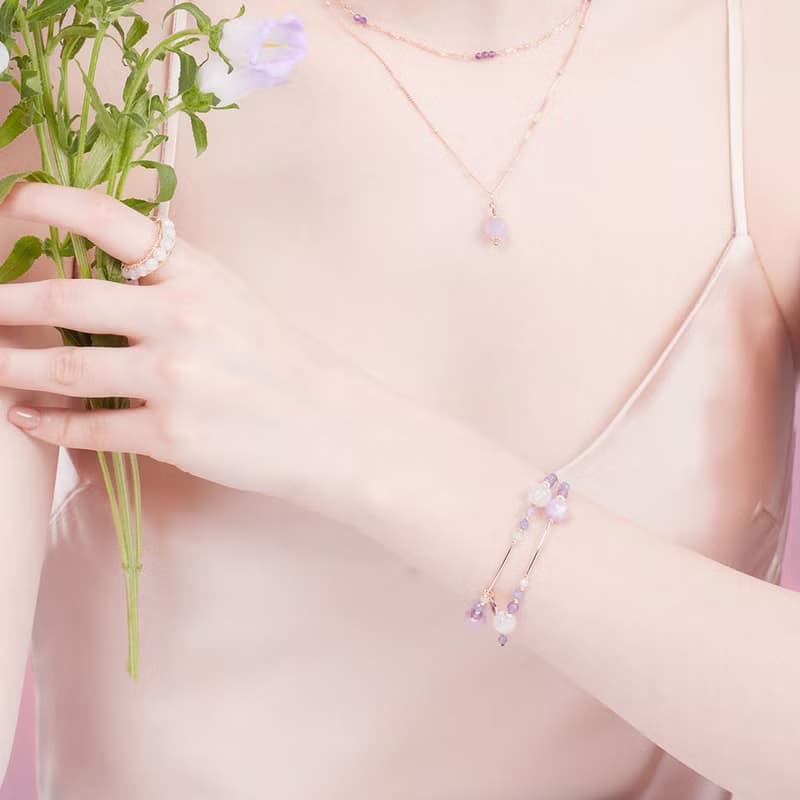 紫鋰輝白幽靈紫晶坦桑石14K包金雙圈水晶手鍊 禮物