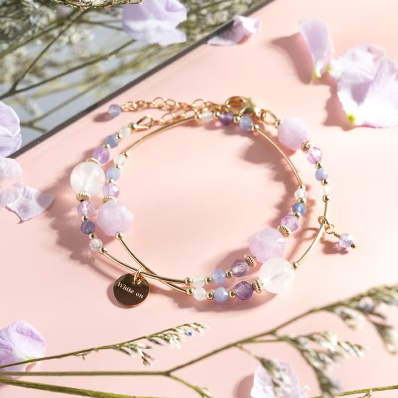 紫鋰輝白幽靈紫晶坦桑石14K包金雙圈水晶手鍊 禮物