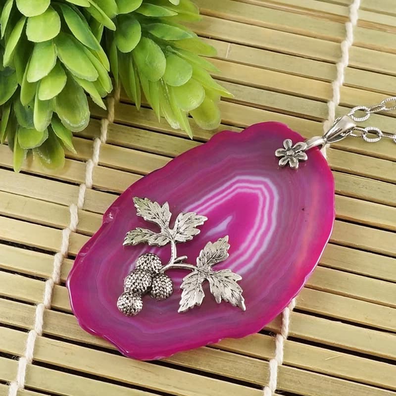 Pink Fuchsia Agate Slice Slab Silver Raspberry Pendant Necklace Jewelry Gift