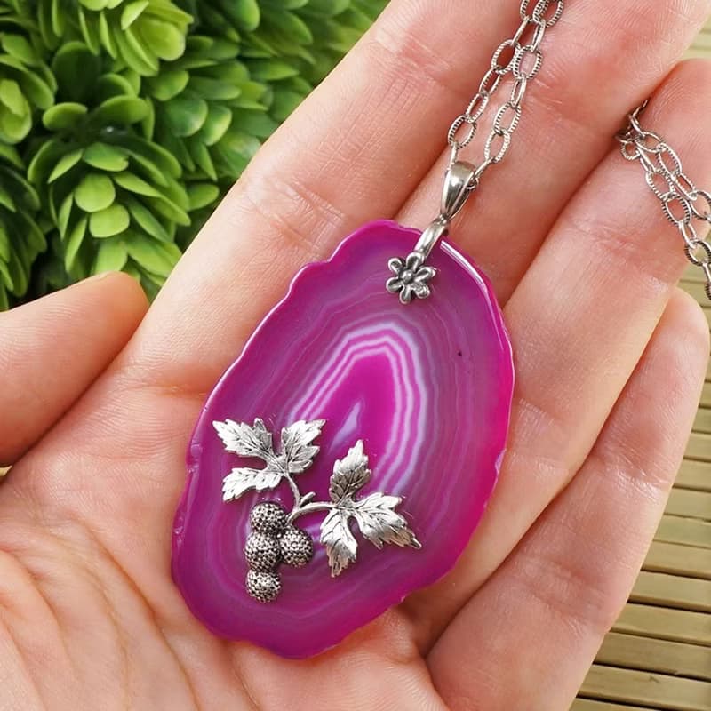 Pink Fuchsia Agate Slice Slab Silver Raspberry Pendant Necklace Jewelry Gift