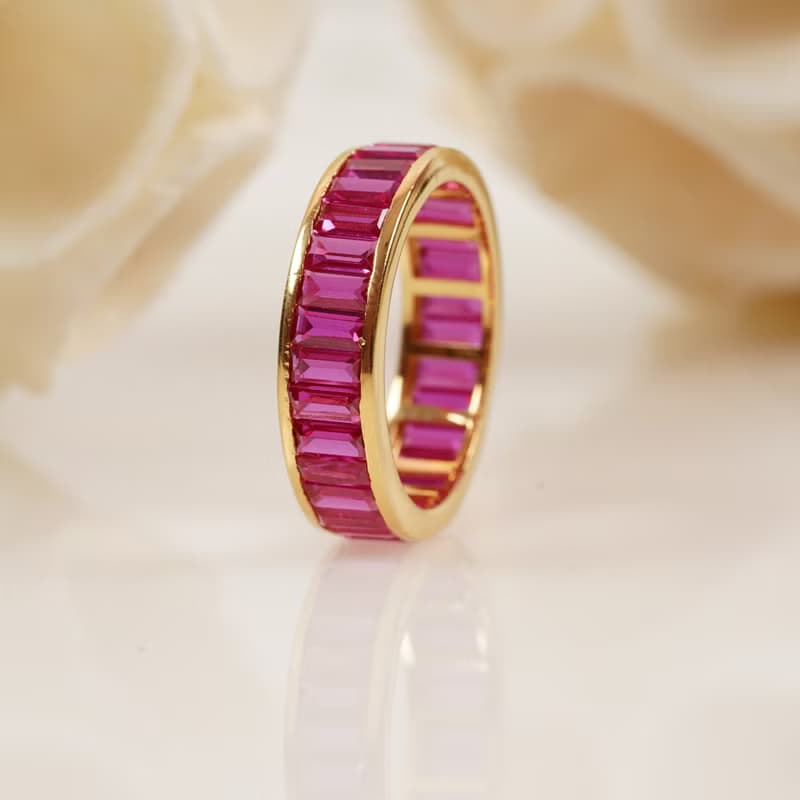 Baguette-Cut Channel Set Pink Sapphire Wedding Band