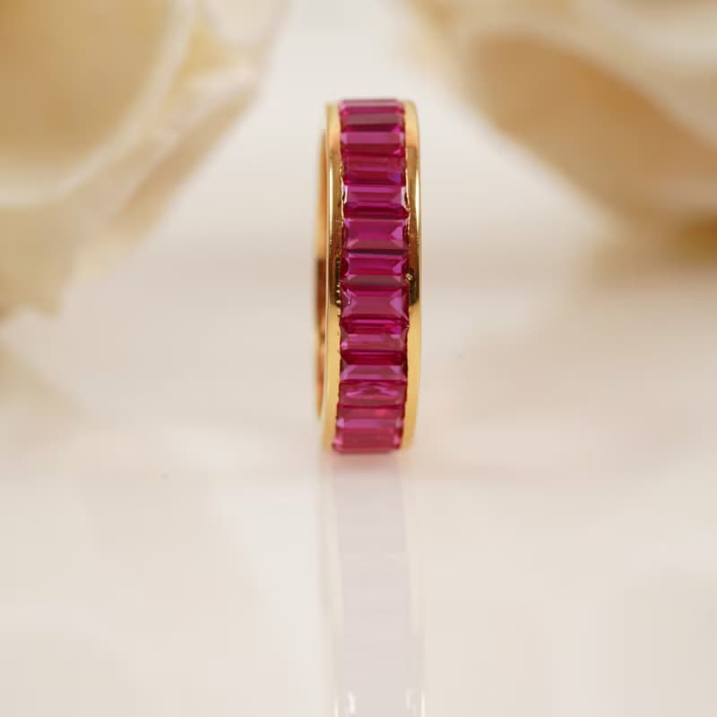 Baguette-Cut Channel Set Pink Sapphire Wedding Band
