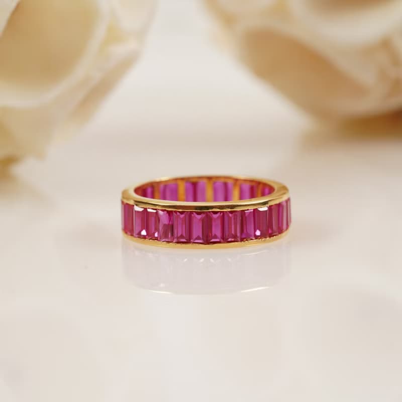 Baguette-Cut Channel Set Pink Sapphire Wedding Band