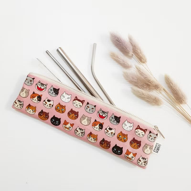 【小花貓-粉】 餐具袋 吸管袋 環保 筆袋 刷具袋 聖誕交換禮物