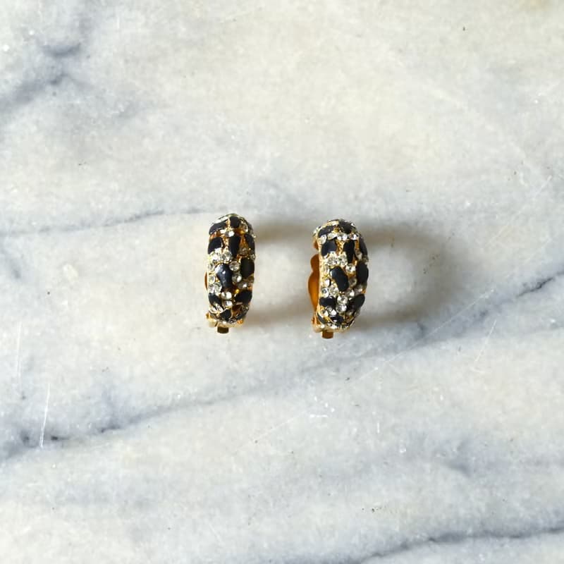 【NaSuBi Vintage】水鑽鑲嵌金屬珐瑯耳夾古董耳環