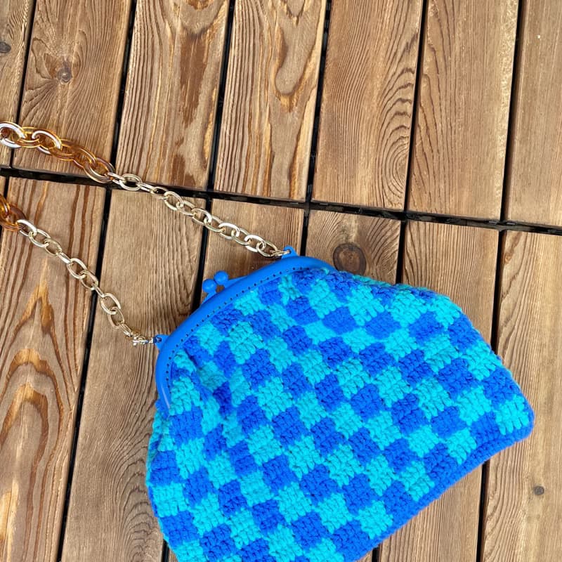 手工鉤織棋盤格子口金包【Crochet bag】