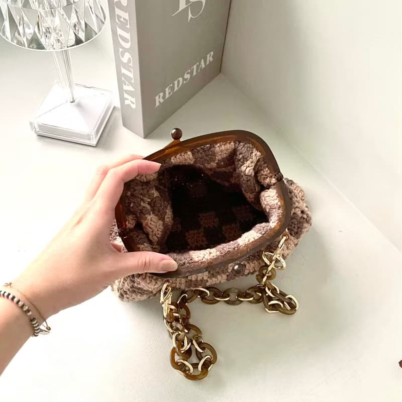 手工鉤織棋盤格子口金包【Crochet bag】