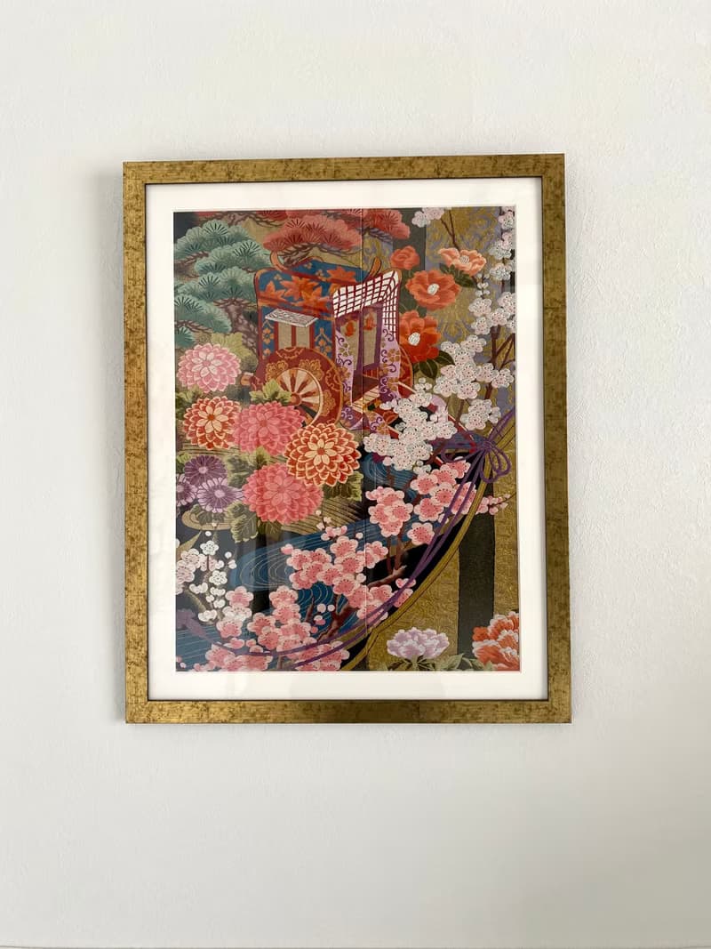 着物からつくるアートパネル052　和モダンインテリア　縁起物　御所車　贈答品　壁掛け　お祝い　着物リメイク