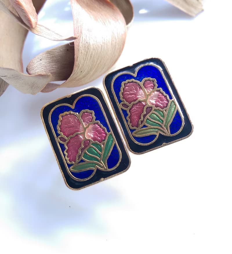 【西洋古董飾品 】景泰藍 黑藍色調 方形花卉 針式耳環