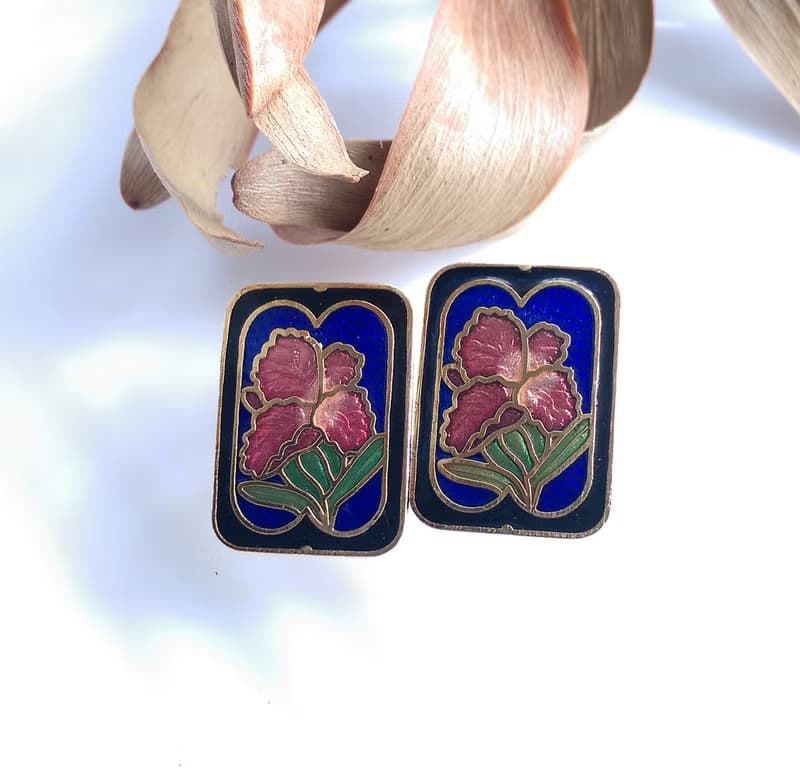 【西洋古董飾品 】景泰藍 黑藍色調 方形花卉 針式耳環