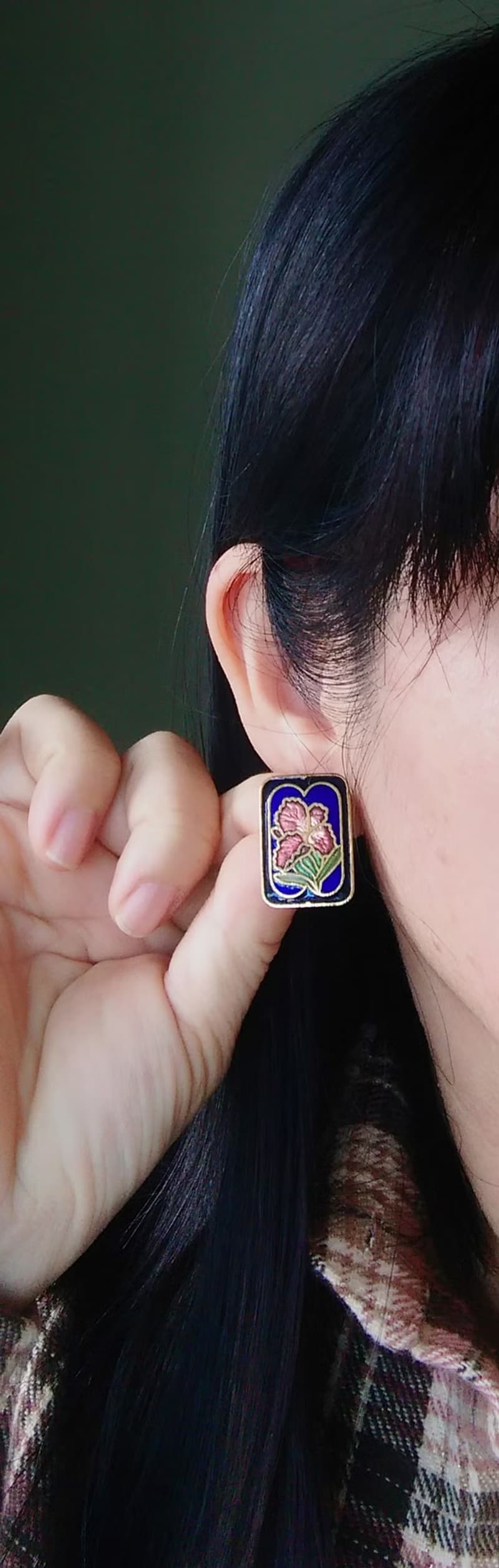 【西洋古董飾品 】景泰藍 黑藍色調 方形花卉 針式耳環