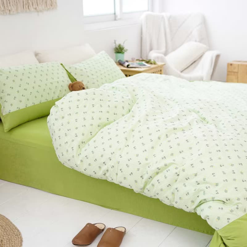 (單人)膠原狐狸緹花寢具-狐狸點點/抹茶綠∣床包、被套、枕套