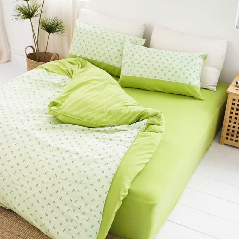 (單人)膠原狐狸緹花寢具-狐狸點點/抹茶綠∣床包、被套、枕套