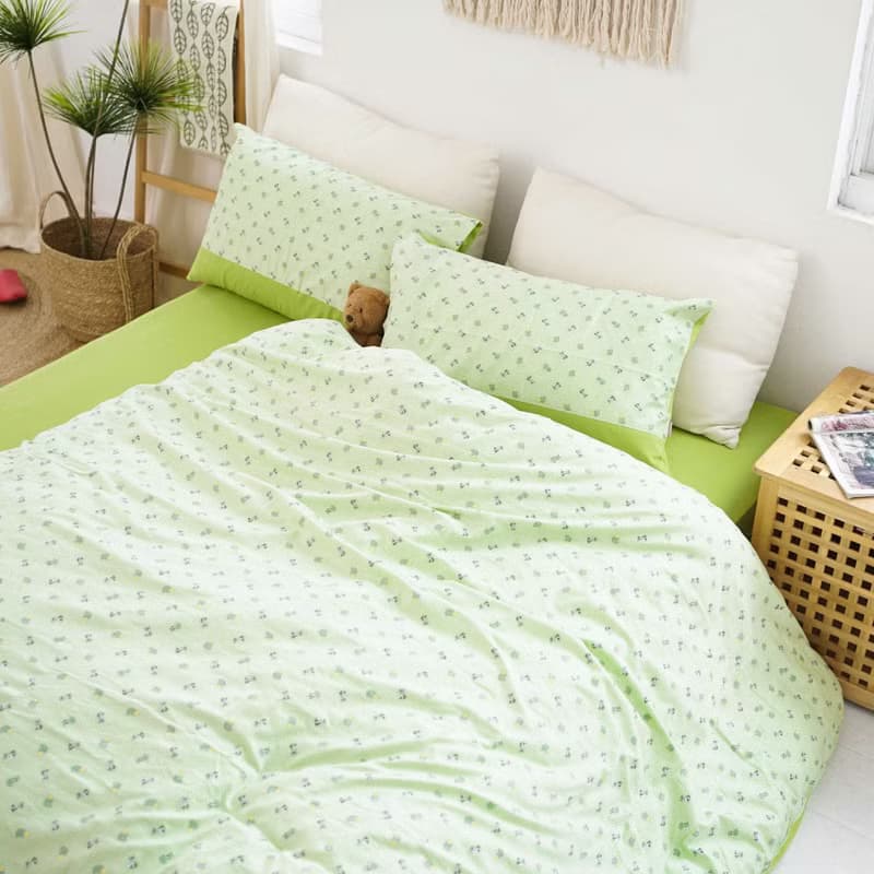 (單人)膠原狐狸緹花寢具-狐狸點點/抹茶綠∣床包、被套、枕套