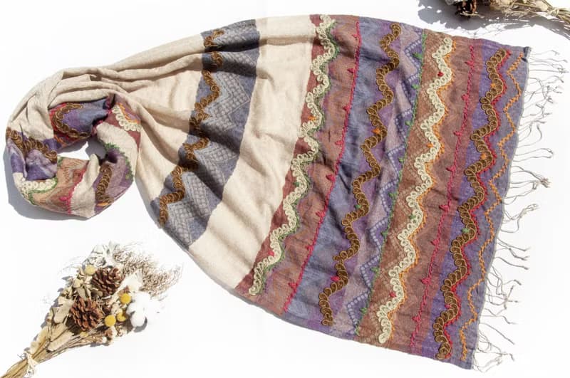 喀什米爾Cashmere/水煮羊毛披肩/針織圍巾/刺繡圍巾/羊絨披巾-花
