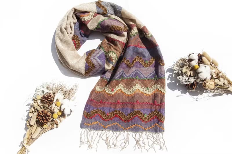 喀什米爾Cashmere/水煮羊毛披肩/針織圍巾/刺繡圍巾/羊絨披巾-花