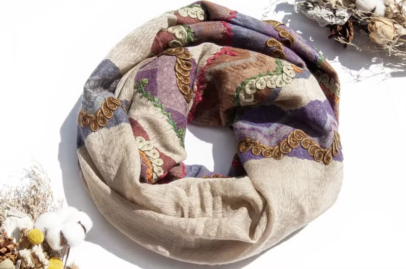 喀什米爾Cashmere/水煮羊毛披肩/針織圍巾/刺繡圍巾/羊絨披巾-花