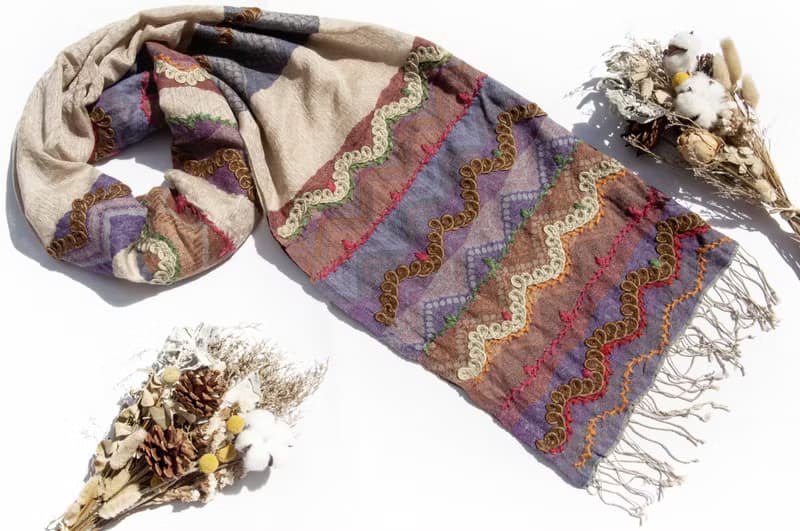 喀什米爾Cashmere/水煮羊毛披肩/針織圍巾/刺繡圍巾/羊絨披巾-花