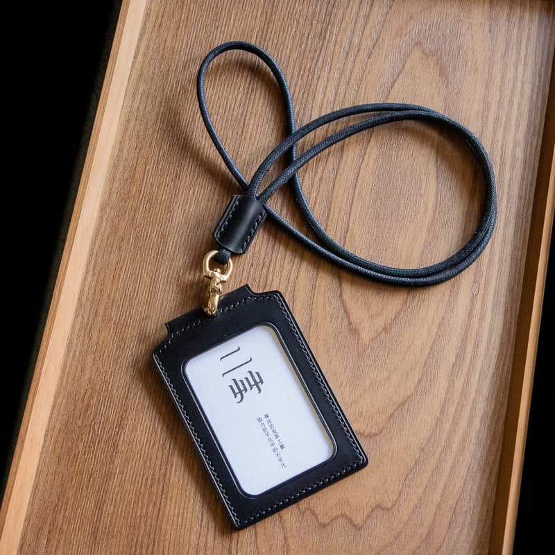 植物鞣手工皮革證件套 附頸繩 義大利皮革黑色 id card holder
