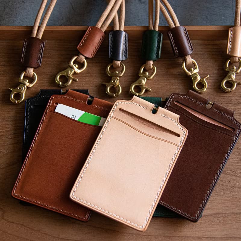 植物鞣手工皮革證件套 附頸繩 義大利皮革黑色 id card holder