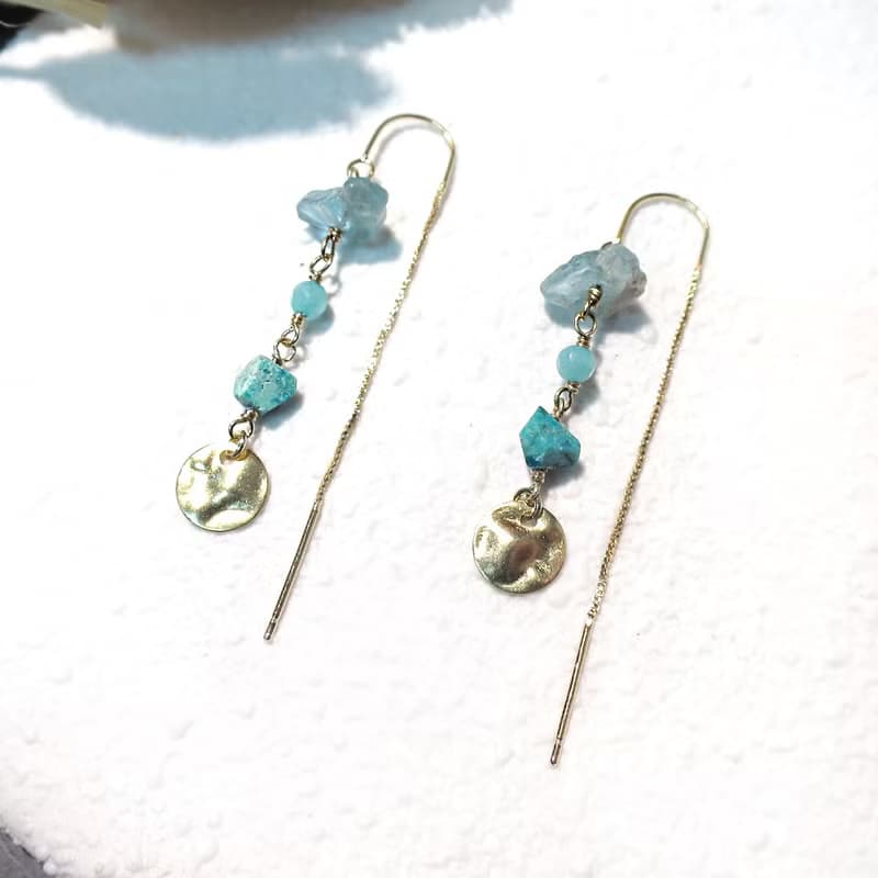 VIIART。藍孔雀。燐灰天河石矽孔雀石925銀鍍金耳勾耳線