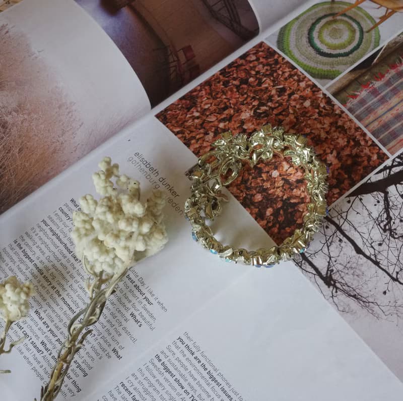 古董淡金色花葉萊茵石葉片手鍊手鐲 CORO BR188