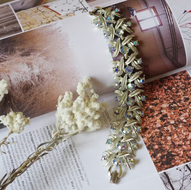 古董淡金色花葉萊茵石葉片手鍊手鐲 CORO BR188