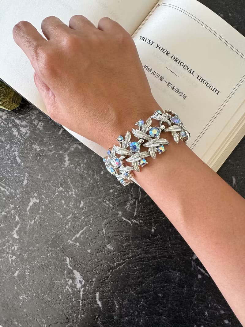 古董淡金色花葉萊茵石葉片手鍊手鐲 CORO BR188