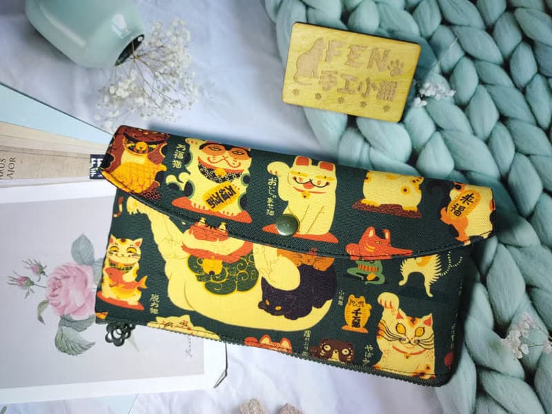 日本限量牛津棉布妖怪招財貓拉鍊布紅包袋-下方拉鍊紅包袋-布紅包