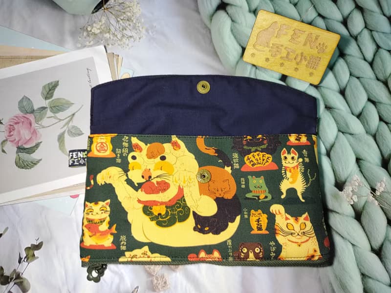 日本限量牛津棉布妖怪招財貓拉鍊布紅包袋-下方拉鍊紅包袋-布紅包