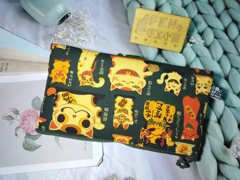 日本限量牛津棉布妖怪招財貓拉鍊布紅包袋-下方拉鍊紅包袋-布紅包
