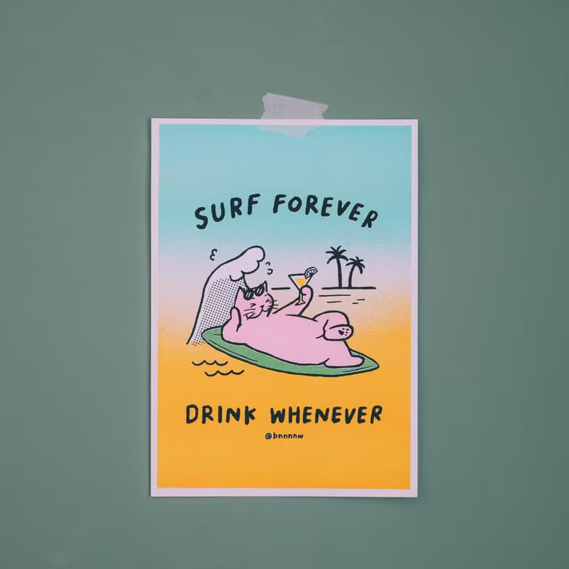海邊秋秋 A4 海報- Surf Forever Drink Whenever
