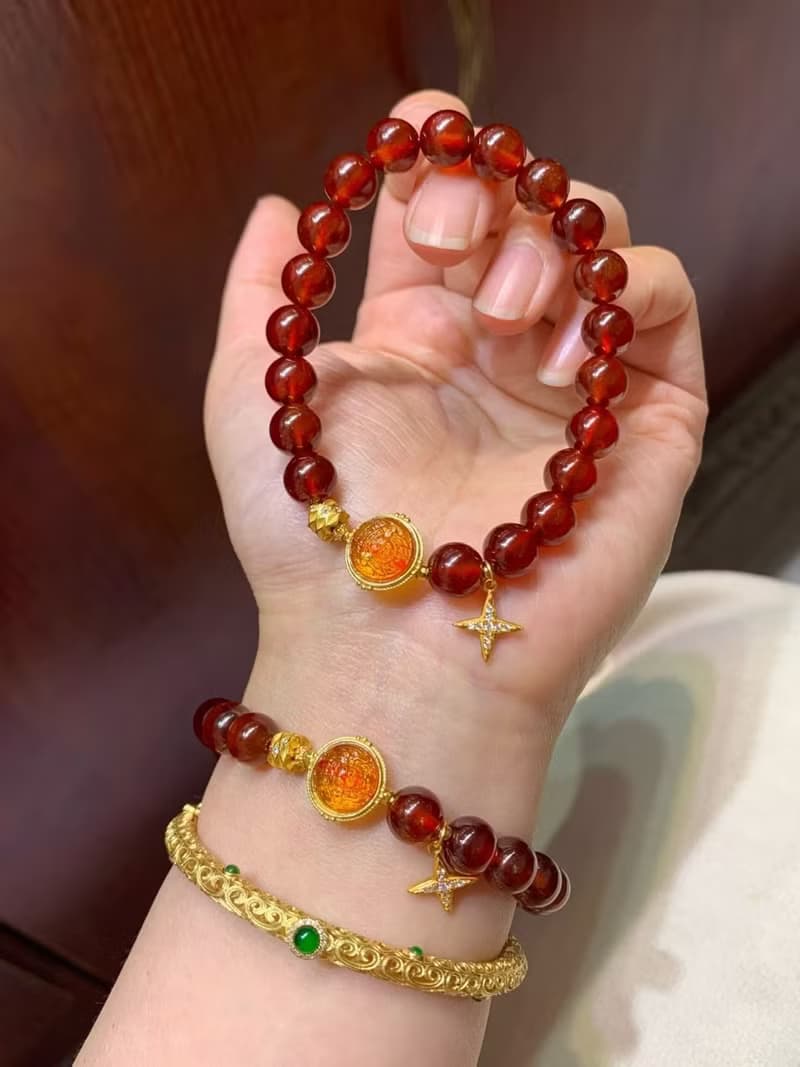 天然橙紅石榴石手鏈搭配銀鍍金扎基拉姆本命年必備生日情人節禮物