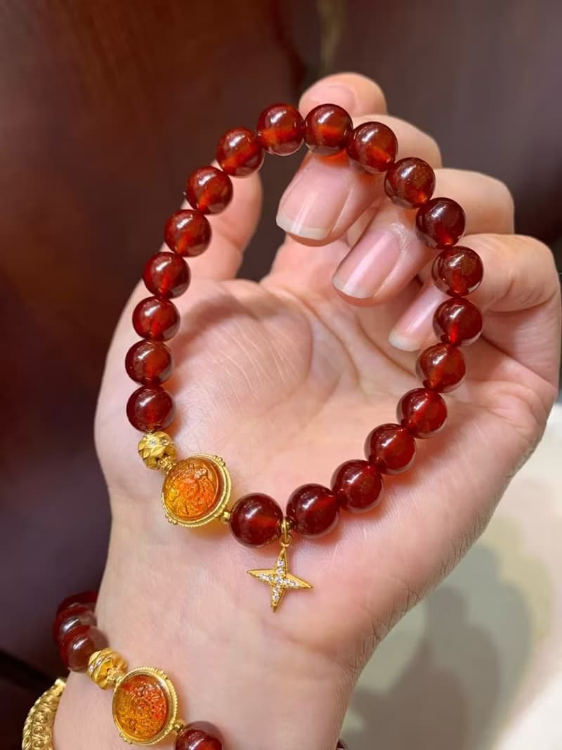 天然橙紅石榴石手鏈搭配銀鍍金扎基拉姆本命年必備生日情人節禮物