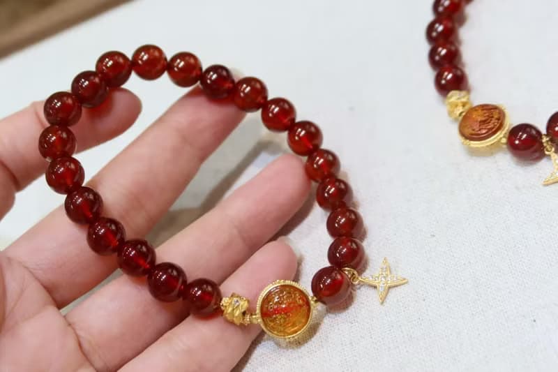 天然橙紅石榴石手鏈搭配銀鍍金扎基拉姆本命年必備生日情人節禮物