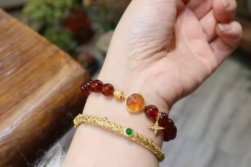 天然橙紅石榴石手鏈搭配銀鍍金扎基拉姆本命年必備生日情人節禮物