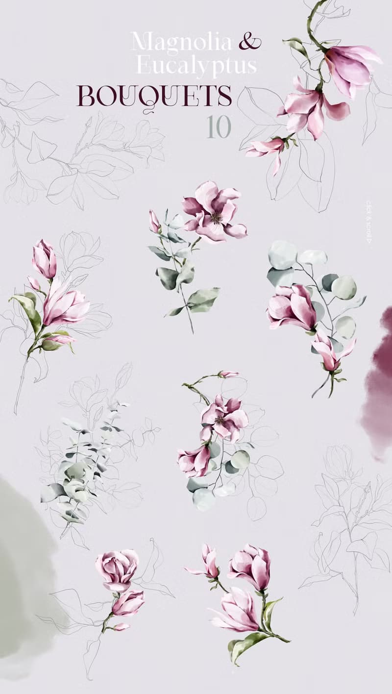 【數位】Magnolia & Eucalyptus. Watercolor bouquets, botanical clipart