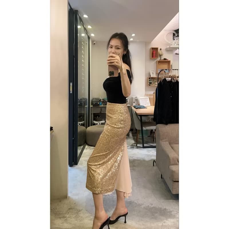 訂製系列-雪紡尾巴包臀開岔直裙(亮片金)