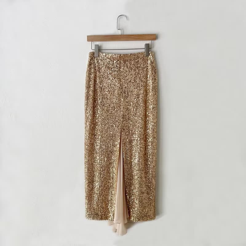 訂製系列-雪紡尾巴包臀開岔直裙(亮片金)