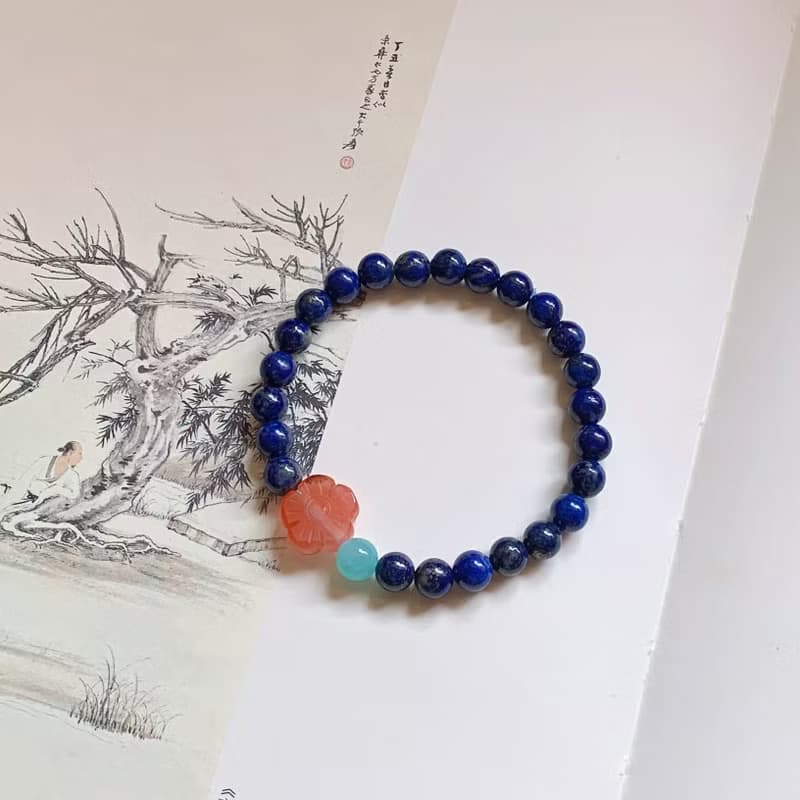 水挼藍。天然青金石 天河石 南紅瑪瑙雕刻花手鏈 古典好運平安